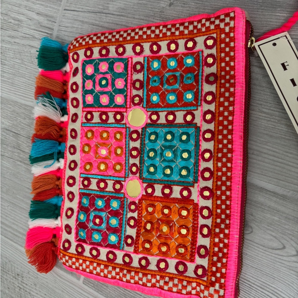 FIGUE / Club Monaco - Colourful Embroidered Clutch with Tassels - NWT